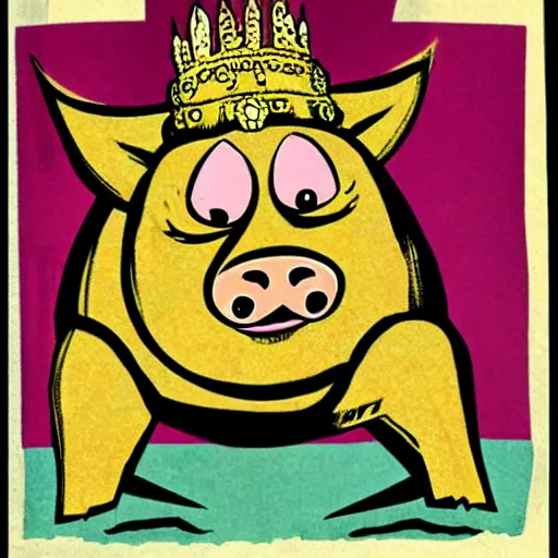 Image similar to comic book drawing of pig wearing a gold crown in the style of jack kirby