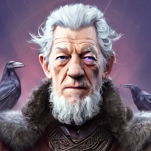 Prompt: Digital painting of Ian McKellen as Odin, with an eyepatch, a raven on this shouder, hyperdetailed, artstation, cgsociety, 8k