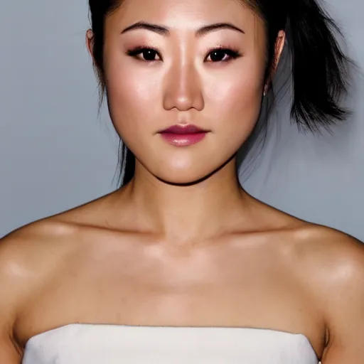 Prompt: portrait karen fukuhara bald neutral expression face straight on headshot even lighting