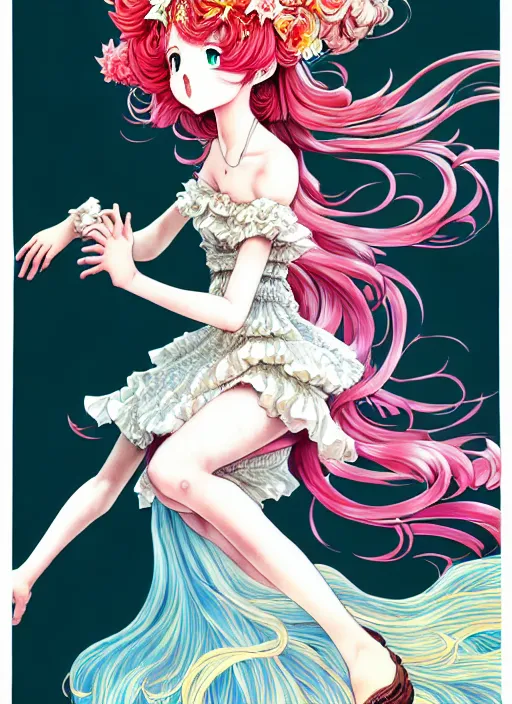 Image similar to exquisite imaginative fate manga poster design of princess, long wavy hair, rococo ruffles dress, fluorescent, illustration, artstation, dark fantastic, highly detailed, 8 k, maximalist, by shigenori soejima, minaba hideo, katsuhiro otomo, jump comics