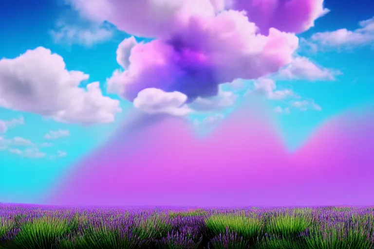 Image similar to high fidelity quality billboard photograph of a grunge model walking on realistic clouds wearing packing foam. three point light. photographic production. art directed. white pink blue lavender. volumetric clouds. pastel gradient overlay. waves glitch artefacts. 8 k. filmic.