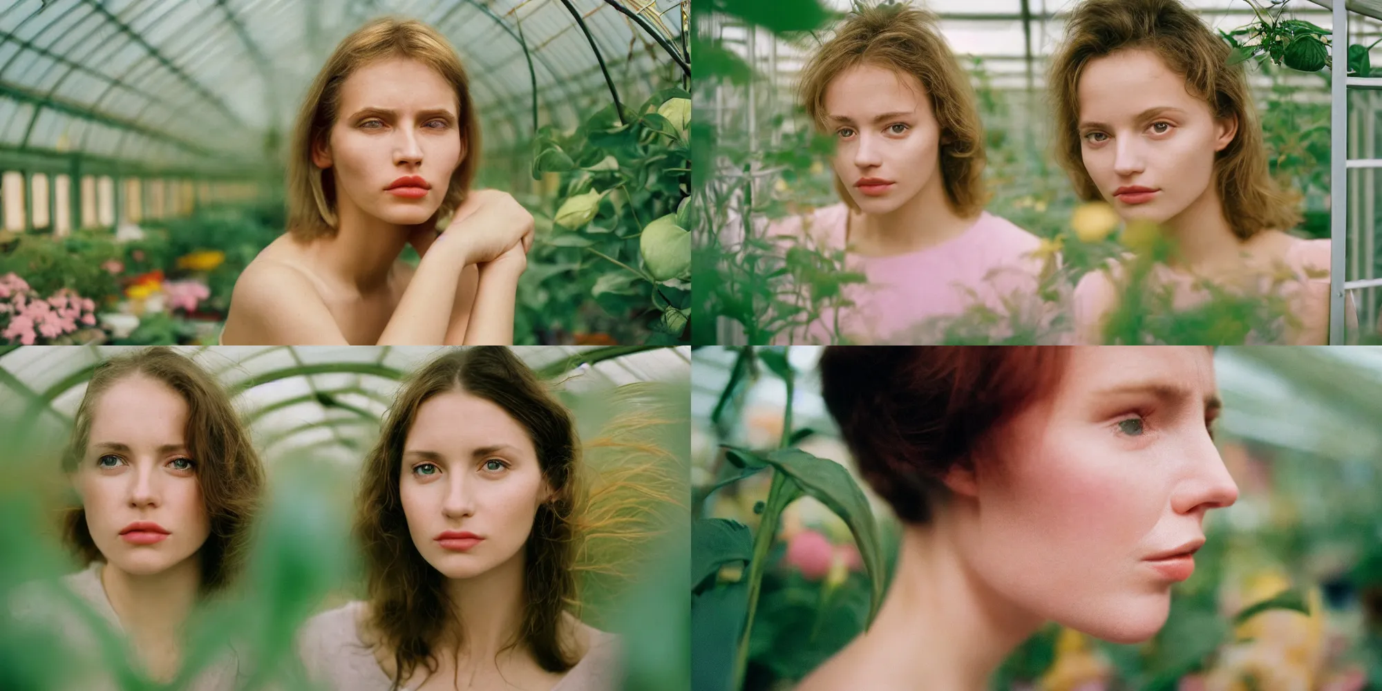 Prompt: head and shoulder, close up portrait photograph of a beautiful woman inside a greenhouse by mark owen. pastel colors. portra 4 0 0 film. mamiya 7. highly detailed. hq. photoreal. golden hour. raw. in - frame