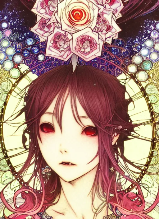 Image similar to exquisite imaginative manga poster art of a vampire girl, roses, pearlescent, shimmering, reflective, rim light, detailed background, by kojima ayami, akihiko yoshida, minaba hideo, alphonse mucha, art nouveau, illustration, artstation, concept art, highly detailed, colorful, maximalist