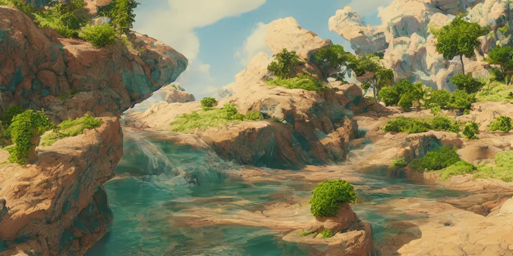 Prompt: 3d rendered landscape painted by james jean playstation journey style in pastel colors only , redshift, octane