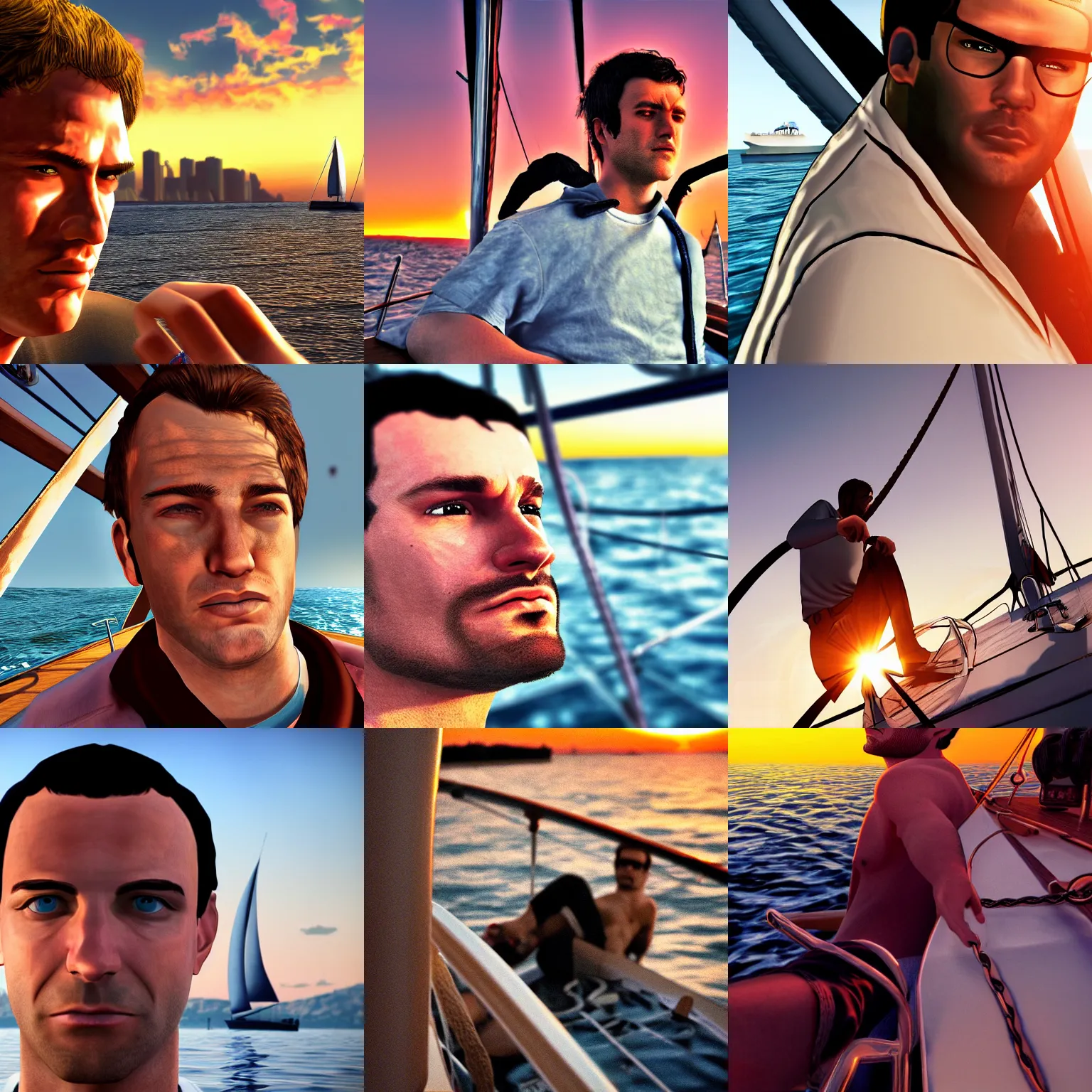 Prompt: 26 year old man on a sailboat, closeup, detailed, sunset, GTA IV poster