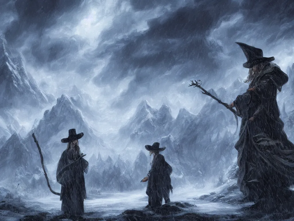 Image similar to a highly detailed rendering of a wizard in flowing robes and brimmed hat with a staff travelling trough a dark forest with a backdrop of snow-capped mountains and stormy clouds, neo-romanticism, wild, highly detailed, digital painting, artstation