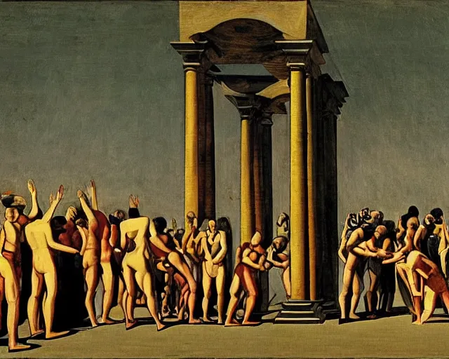 Image similar to a pagan ritual to summon the partying god by de chirico, giorgio