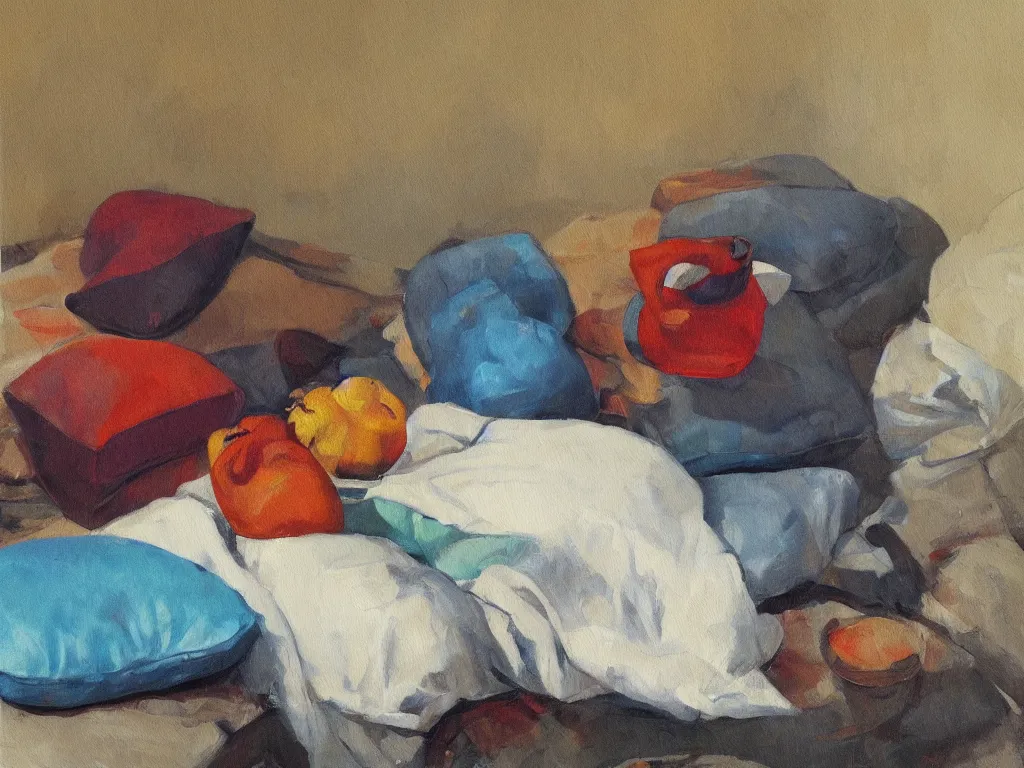 Image similar to still life with a zafu meditation pillow. Painting by Matthias Weischer