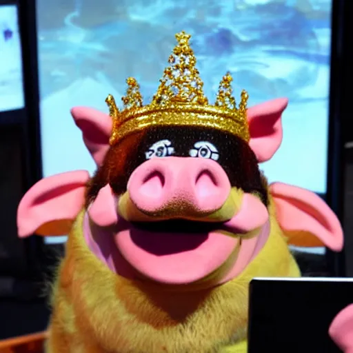 Image similar to news anchor pig wearing a gold crown depicted as a muppet 8k