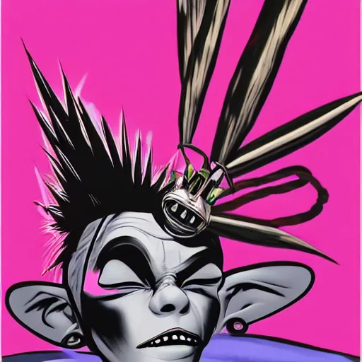 Prompt: a pink punk rock rapper alien with black spiked hair, an airbrush painting by Jamie Hewlett, cgsociety, symbolism, antichrist, aesthetic, 8k