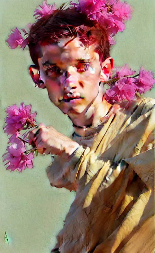 Image similar to androgynous cute pink haired teen boy wearing greek clothes, muted colors, colorful flowers, sunlight filtering through skin, j. c leyendecker, by alan lee, wlop! illustrated by starember, fantasy art by craig mullins cfg _ scale 8