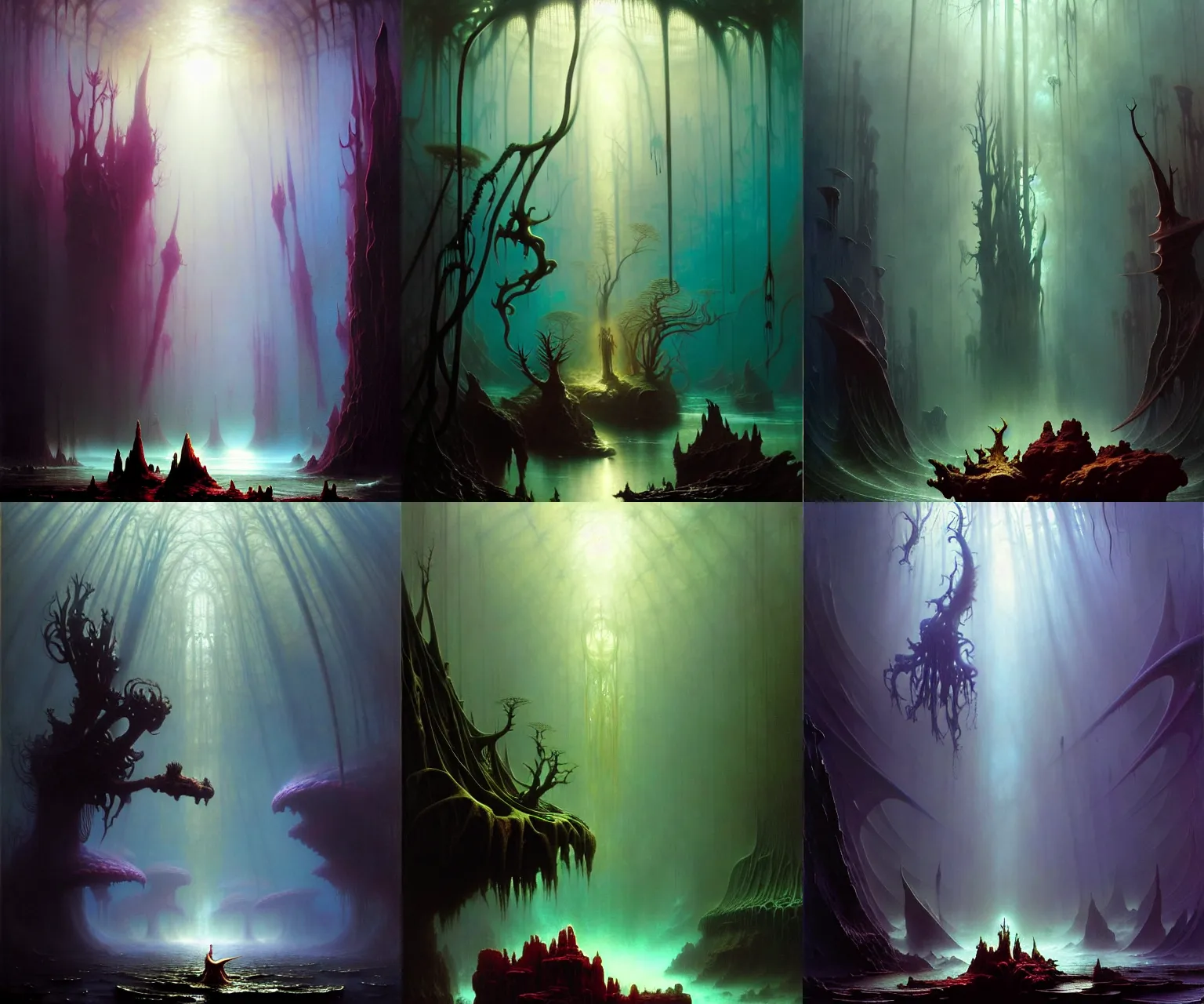 Prompt: a cinematic masterpiece painting of gothic exotic alien mystical underwater forest of despair and misery, by Andreas Achenbach, by Wayne Barlowe, by Alex Grey, by Marc Simonetti, by Tim Hildebrandt, by Bruce Pennington, by Zdzisław Beksiński, by Paul Lehr, oil on canvas, masterpiece, trending on artstation, featured on pixiv, cinematic composition, beautiful lighting, sharp, details, hyper-detailed, no frames, HD, HDR, 4K, 8K
