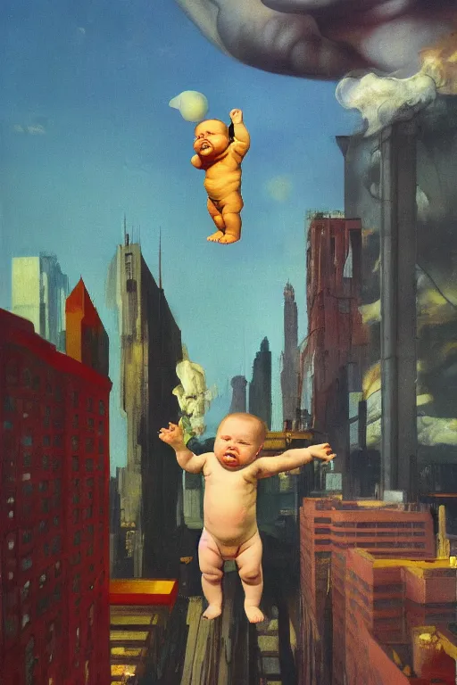 Prompt: evil human giant baby in huggies, grows up to the sky, against the backdrop of destroyed high - rise building, hauntingly surreal, highly detailed painting by francis bacon, edward hopper, adrian ghenie, gerhard richter, and james jean soft light 4 k,