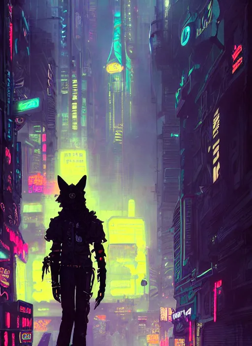 Image similar to anthropomorphic coyote character wearing black cyberpunk skater clothes with neon highlights in a cyberpunk city. Renowned character illustration by greg rutkowski, thomas kindkade, alphonse mucha, loish, norman rockwell. Trending on artstation 4k. Highly detailed. Digital art.