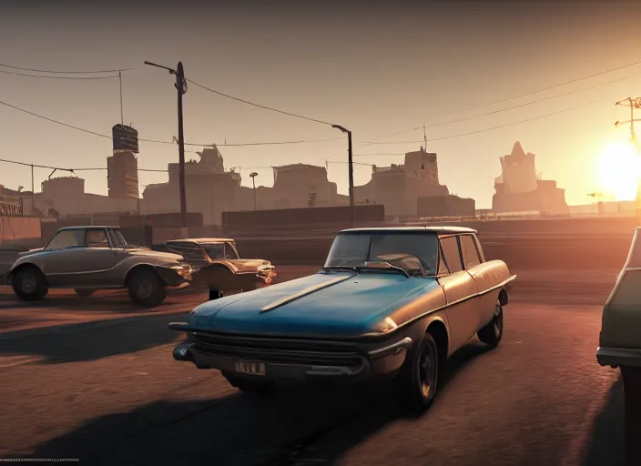 Image similar to hyperrealistic matte painting of gta action game in soviet moscow, 1 9 6 0, playstation 5 screenshot, mega details, golden hour, beautiful rtx reflections, soviet suburbs, photorealistic, unreal engine 5, octane render, volumetric light, featured on cg society, 4 k, 5 0 mm bokeh, russian lada car, artstation