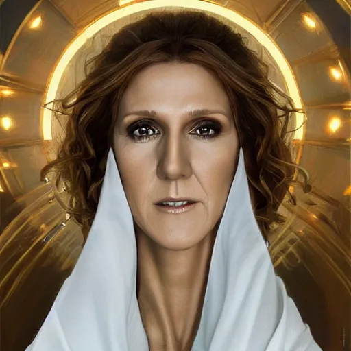 Image similar to perfectly - centered - portrait of celine dion wearing white cloak holding light saber, intricate, highly detailed, digital painting, artstation, concept art, smooth, sharp focus, illustration, unreal engine 5, 8 k, art by artgerm and greg rutkowski and alphonse mucha