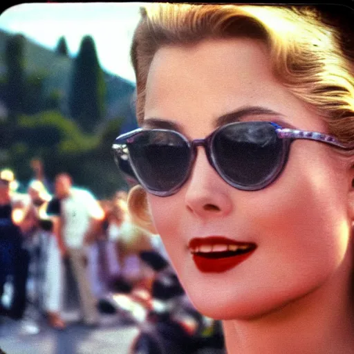 Image similar to selfie smartphone photo of a young Grace Kelly at the Monaco Gran Prix, F1 cars blurred in background, iphone photo, smartphone resolution, low resolution camera