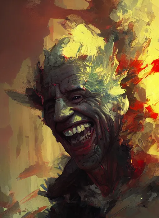 Image similar to Joe Biden grinning emperor of the world, high contrast, cosmic horror, abstract, masterpiece, trending on ArtStation, by Greg Rutkovski and by Craig Mullins and by David Cronenberg and by Ismail Inceoglu