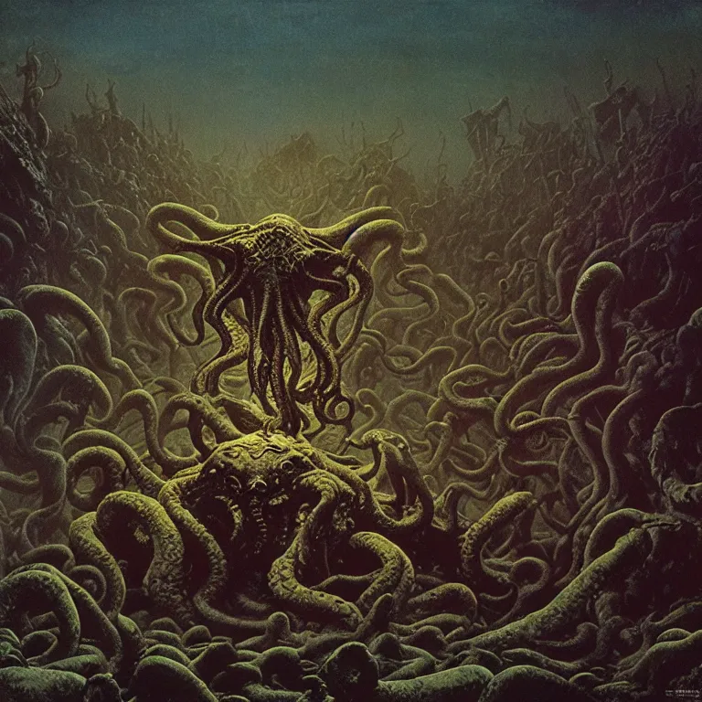 Prompt: a cinematic scene from the cthulhu fighting against the soldiers in nevada test side, lovecraft, concept art by beksinski and jean delville, dramatic lighting, ultra hd, hdr, 8 k