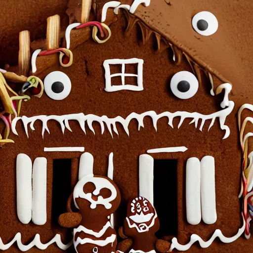 Image similar to cinematic photo of the creatures living inside of a haunted gingerbread house