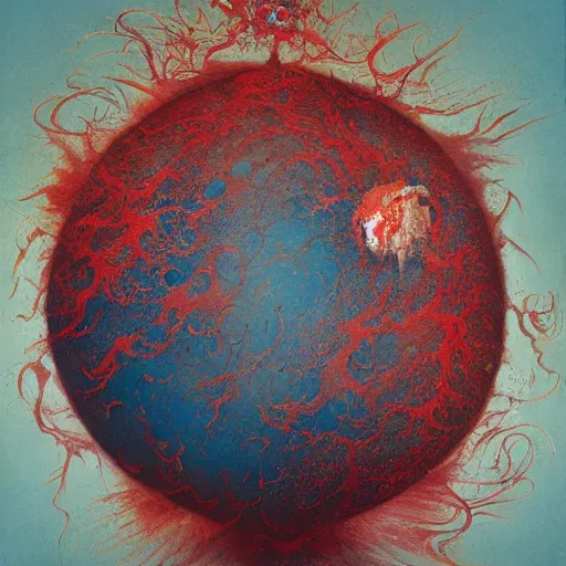 Image similar to a sphere being devoured by abstract splatters of paint in the style of francis bacon, venus being engulfed in flames in the style of james jean, surreal, beksinski, high detailed