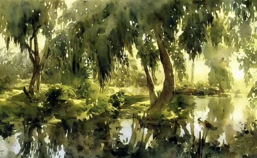 Image similar to watercolor lanscape by anders zorn, jungle nature, fruit trees, very very very very beautiful art, dramatic light, water reflections, aquarelle paint splashes and drips, drops