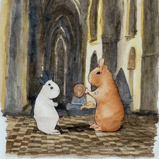 Prompt: a guinea pig and a rabbit playing chess in a cathedral, watercolour