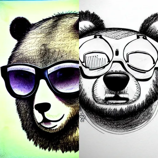 Prompt: portrait cute bear in sunglasses, realistic, ink, line drawing, sketch, fineart