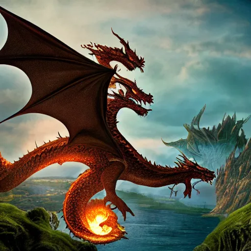 Image similar to Smaug the dragon flying over lake town The Hobbit