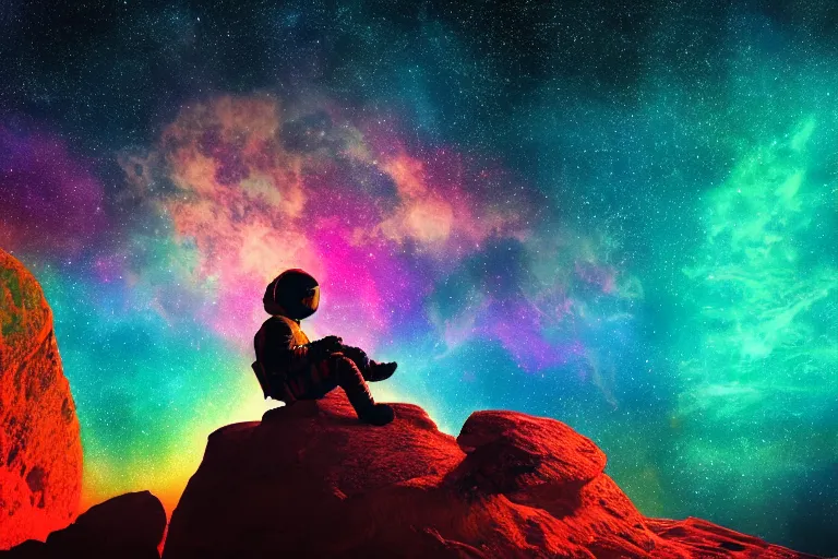 Prompt: Wide shot of a colorful astronaut sitting on a rock in space designed by Lisa Frank, lonely, glows, cinematic lighting, ambient light,