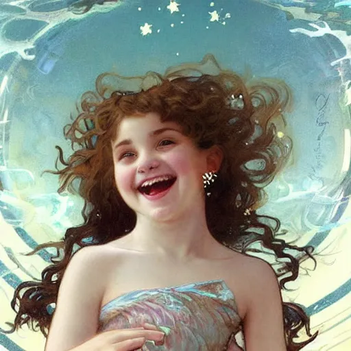 Prompt: a cute little girl with a round cherubic face, blue eyes, and short curly light brown hair laughs as she floats underwater with stars all around her. She is wearing a party dress. Beautiful painting by Artgerm and Greg Rutkowski and Alphonse Mucha
