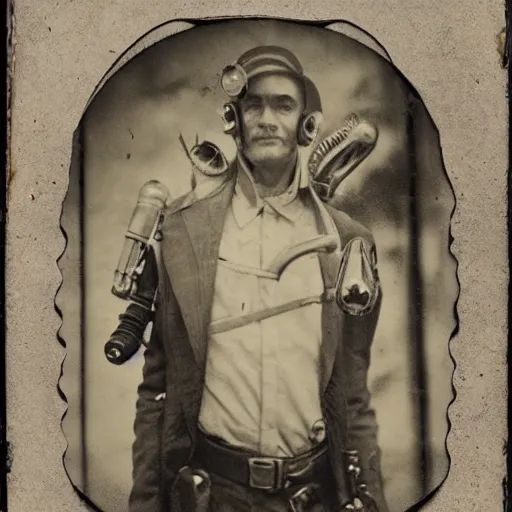 Image similar to tintype vintage photographs of aliens, cryptids, cyborgs, post apocalyptic humans, and time travelers