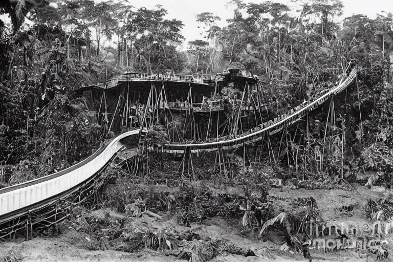 Image similar to a 1 9 0 5 colonial closeup photograph of a rollercoaster in a village at the river bank of congo, thick jungle, scary, evil looking, wide angle shot