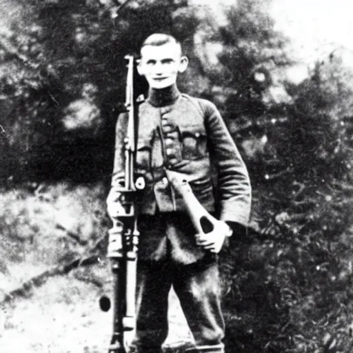 Image similar to old wartime photograph of vitalik buterin holding a lewis gun, 1 9 1 7