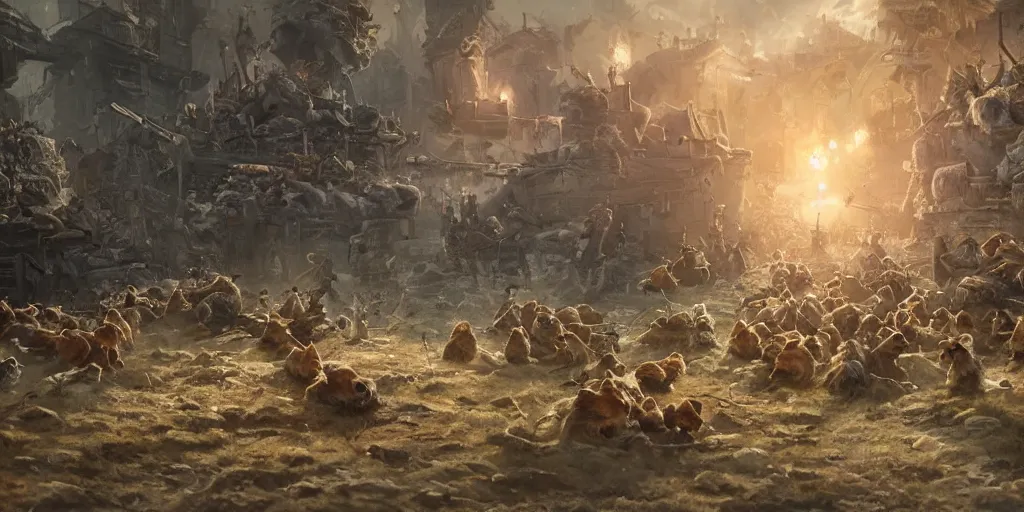 Image similar to highly detailed image of hamsters in a battle, hamsters, hamsters holding rifles, stephen bliss, unreal engine, fantasy art by greg rutkowski, global illumination, radiant light, detailed and intricate environment