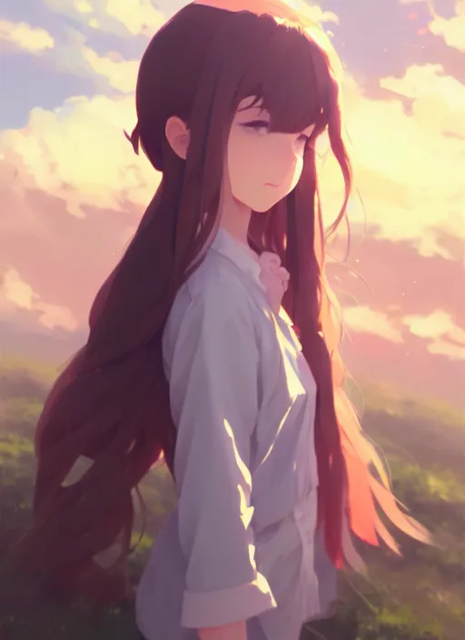 Image similar to portrait of cute girl, cloudy sky background lush landscape illustration concept art anime key visual trending pixiv fanbox by wlop and greg rutkowski and makoto shinkai and studio ghibli