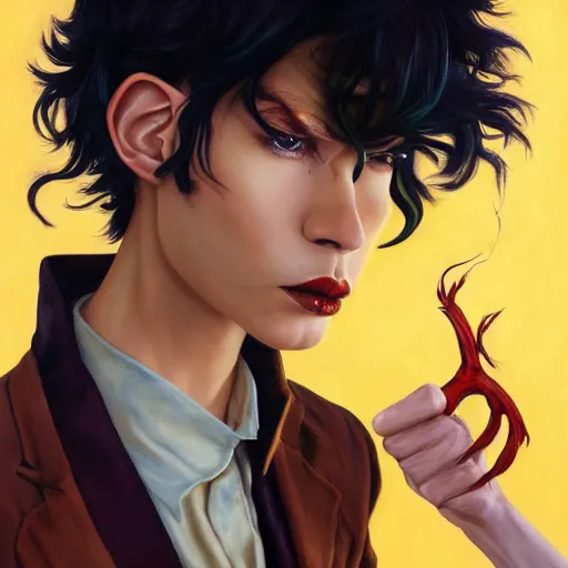 Image similar to dnd character portrait of a beautiful and androgynous half - elf with messy short red hair and catlike features and almond skin tone and yellow eyes with slit pupils, golden hour, wearing a colorful men's suit, realistic painting by kehinde wiley and tasha beckwith and ross tran and gerald brom and alphonse mucha, trending on artstation