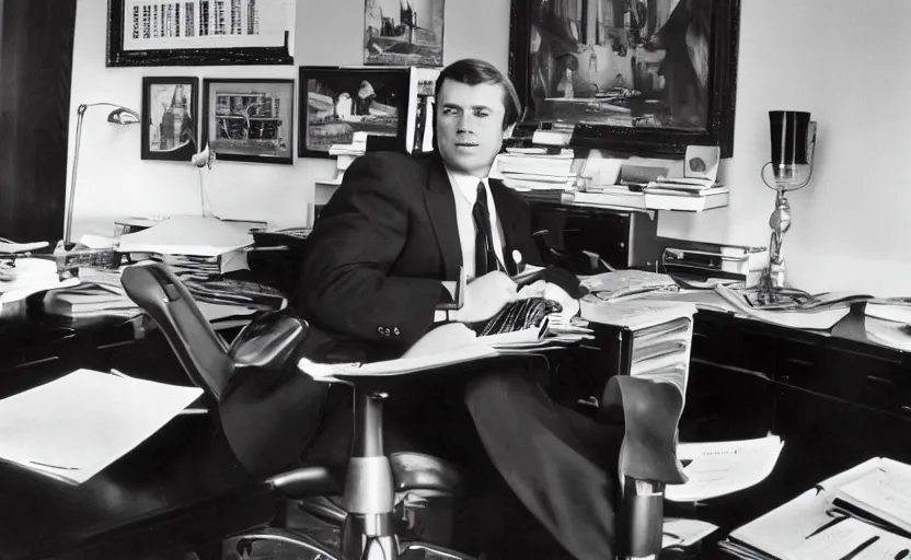 Prompt: photorealistic picture of wall street banker in his office. 8 0's style