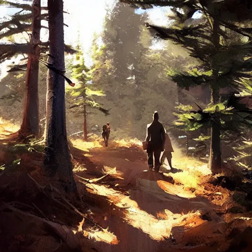 Image similar to Hiking in the pines. by Craig mullins, Steve Purcell, Ralph McQuarrie. Trending on artstation. Centered image, no background