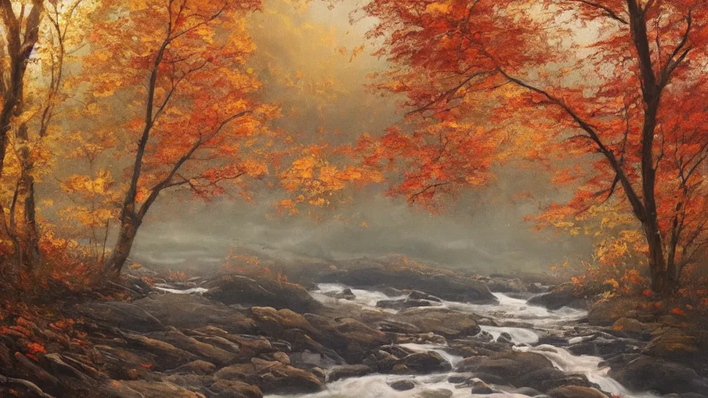 Prompt: A beautiful oil painting of a single tree, the tree is at the top of a hill, the tree is in the rule of thirds, the fall has arrived and the leafs started to become golden and red, the river is zigzagging and flowing its way, the river has lots of dark grey rocks, by Greg Rutkowski