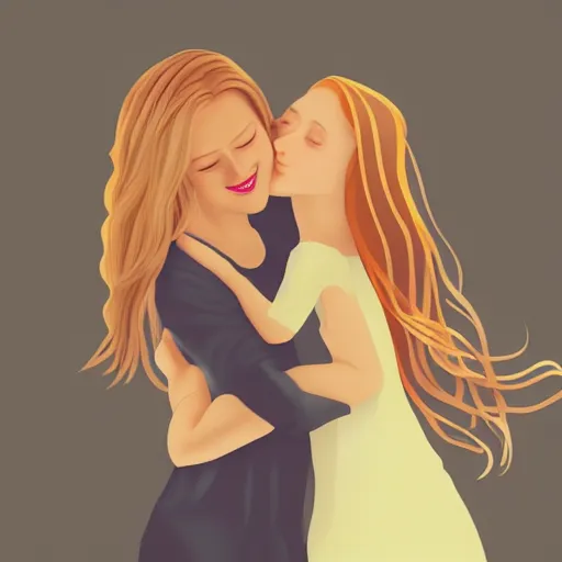 Prompt: an illustration of a young woman with long blond hair hugging her friend, a girl with angel wings, digital art
