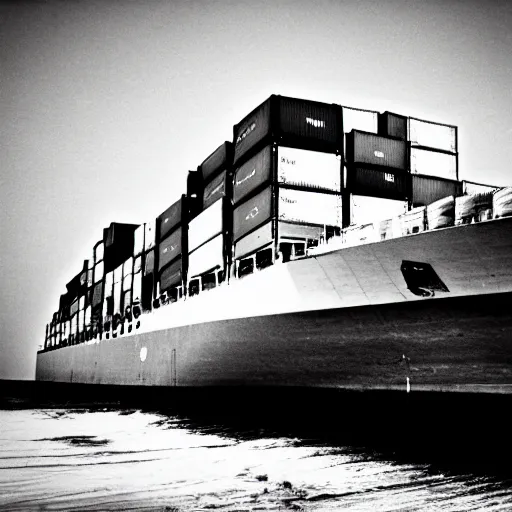 Prompt: cargo ship, foreshortening photography, foreshortened photography, grainy photo, old photo