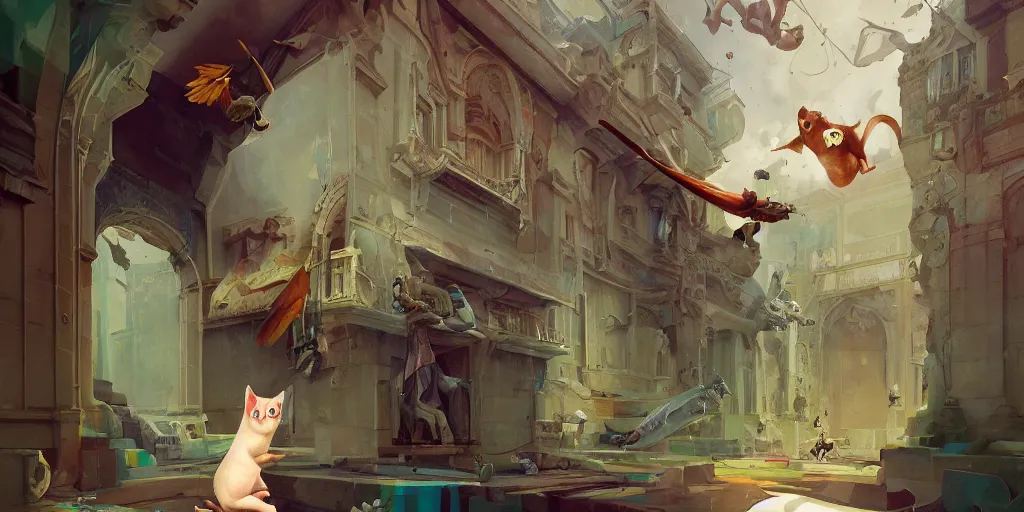 Prompt: beautiful painting of sugar glider assassin infiltrating a palace, by Sergey Kolesov, tristan eaton, Tom Bagshaw. trending on Artstation, 8k, masterpiece, graffiti paint, dishonored, fine detail, full of color, intricate detail, golden ratio illustration, illustrative story telling