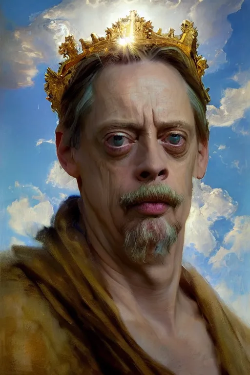 Image similar to beautiful detailed expressive impressionistic oil painting portrait of ancient roman god emperor steve buscemi ascending into the clouds wearing the civic crown, renaissance painting, art by anders zorn, wonderful masterpiece by greg rutkowski, expressive brush strokes, beautiful cinematic light, american romanticism by greg manchess, jessica rossier