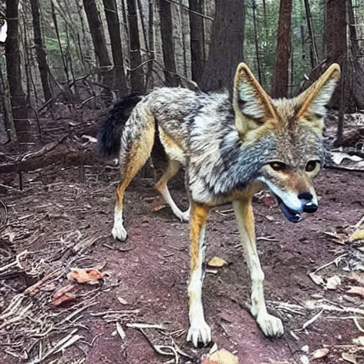 Image similar to trailcam footage of native weird distorted body Skinwalker transforming into a coyote