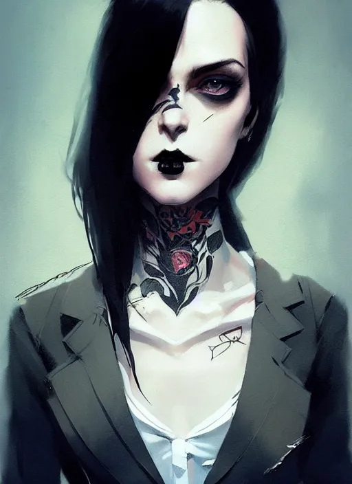 Image similar to ultradetailed beautiful panting of a stylish goth woman wearing a shirt with a tie, tattoos, she has black hair, distressed, by greg rutkowski, ashley wood, makoto shinkai, ilya kuvshinov, on artstation