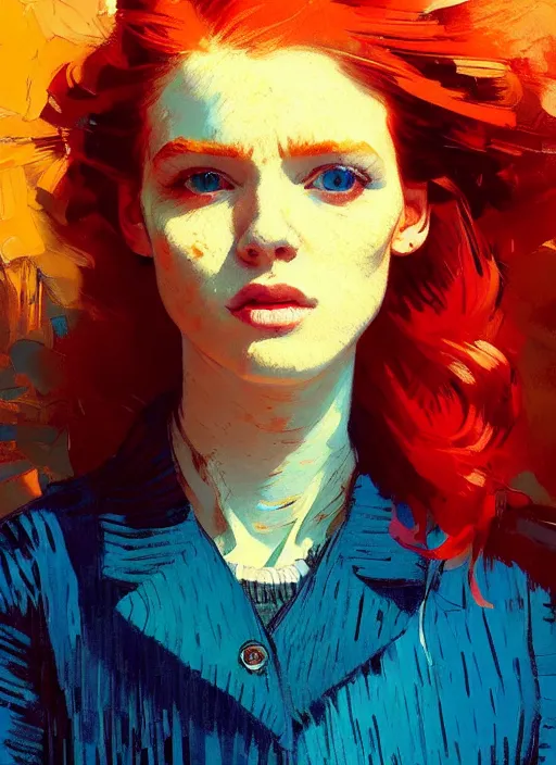 Image similar to portrait of a beautiful girl, redhead, shades of blue, warm colors, beautiful face, rule of thirds, intricate outfit, spotlight, by greg rutkowski, by jeremy mann, by francoise nielly, by van gogh, digital painting