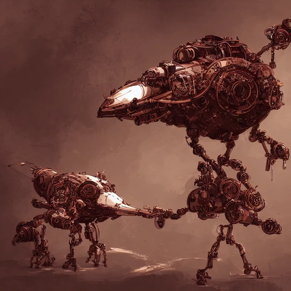 Image similar to a detailed concept art of steampunk robot bird, gradient dark red, cream and white color scheme, dynamic lighting, cinematic, epic composition, masterpiece