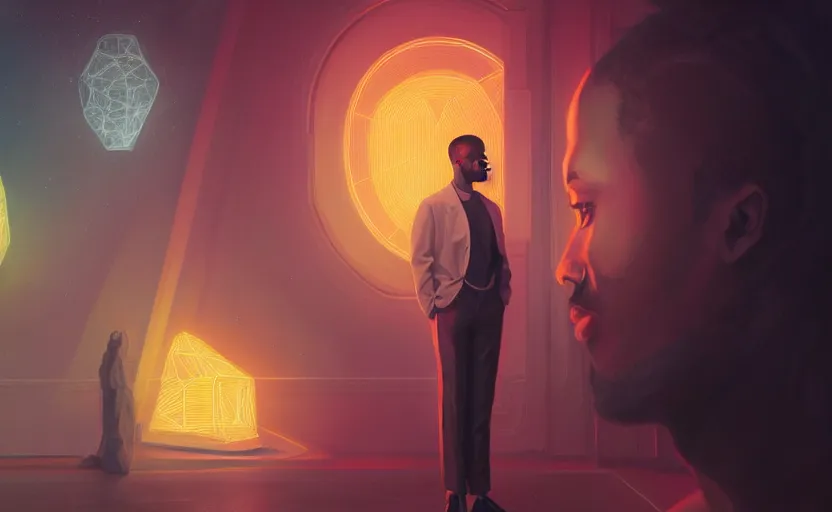 Image similar to portrait of handsome black genius staring intently in front of floating three dimensional holographic displays, elegant atmosphere, glowing lights, highly detailed, digital painting, artstation, concept art, smooth, sharp focus, illustration, art by wlop, mars ravelo and greg rutkowski