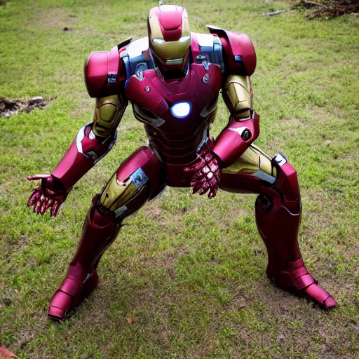 Prompt: overgrown, rusted, broken, dented, and battle damaged iron man suit, 4k realistic photo